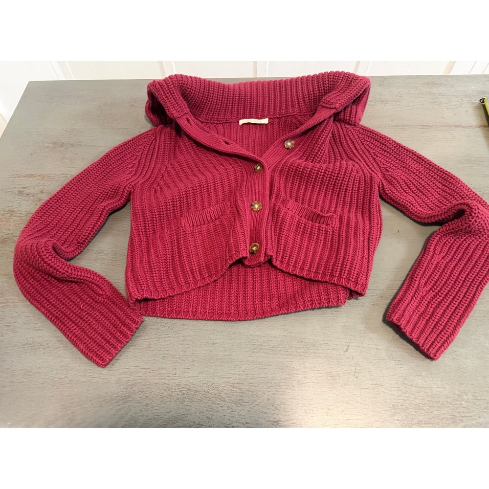 Olivaceous Burgundy Ribbed Knit Cropped Hooded Cardigan Sweater Small JT2024-114